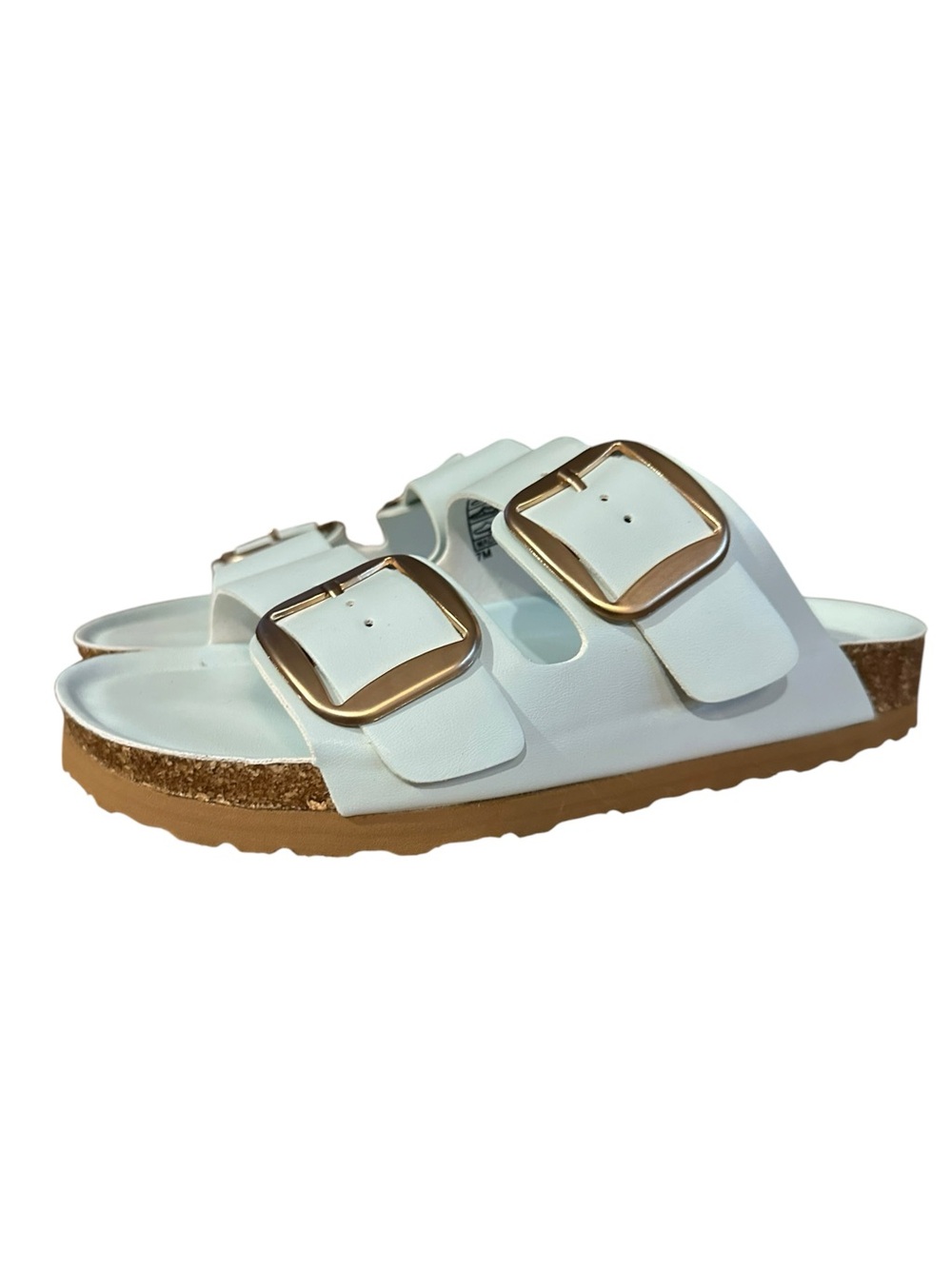 White Double Buckle Cork Footbed Mules pale Blue